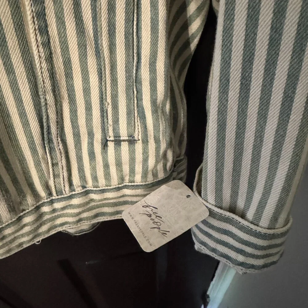 NWT We the Free Oversized Striped Denim Jacket Green White Cream Medium - Picture 3 of 5